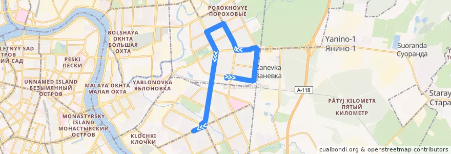 Mapa del recorrido Автобус № 169: Хасанская улица => станция метро «Проспект Большевиков» de la línea  en Санкт-Петербург.