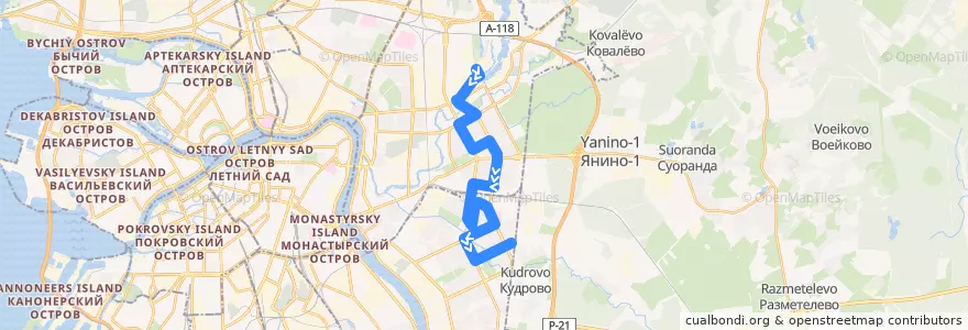 Mapa del recorrido Автобус № 164: улица Химиков => улица Подвойского de la línea  en Sankt Petersburg.