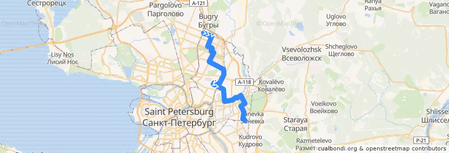 Mapa del recorrido Автобус № 102: проспект Культуры => Хасанская улица, гипермаркет «Лента» de la línea  en Санкт-Петербург.