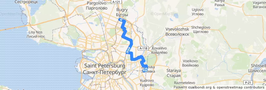 Mapa del recorrido Автобус № 102: Хасанская улица, гипермаркет «Лента» => проспект Культуры de la línea  en Санкт-Петербург.