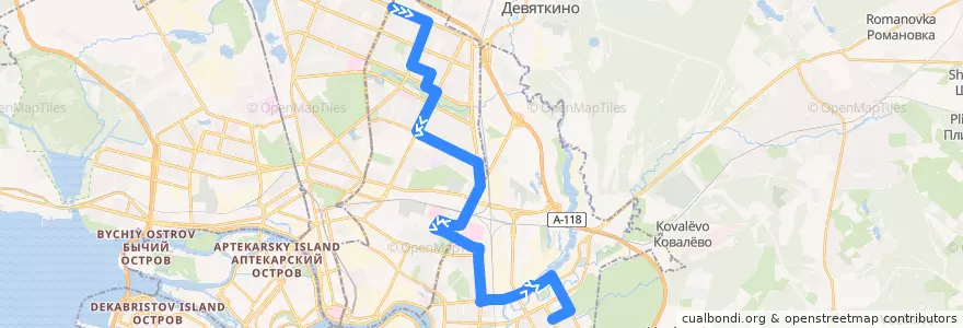 Mapa del recorrido Автобус № 103: проспект Культуры => проспект Ударников de la línea  en Санкт-Петербург.