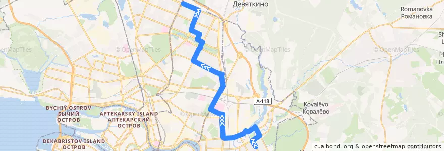Mapa del recorrido Автобус № 103: проспект Ударников => проспект Культуры de la línea  en Санкт-Петербург.