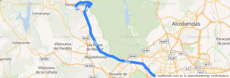 Mapa del recorrido Bus 686A: Torrelodones → Madrid(Moncloa) (Por Montealegre) de la línea  en Área metropolitana de Madrid y Corredor del Henares.