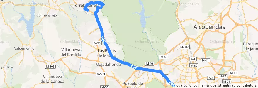 Mapa del recorrido Bus 686A: Madrid(Moncloa) → Torrelodones (Por Montealegre) de la línea  en Área metropolitana de Madrid y Corredor del Henares.
