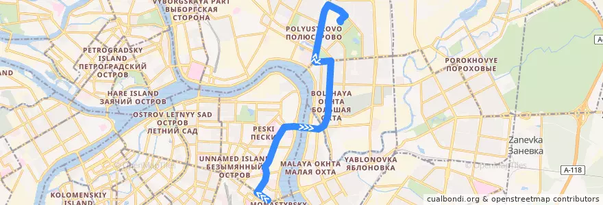 Mapa del recorrido Автобус № 55: площадь Александра Невского => улица Маршала Тухачевского de la línea  en Санкт-Петербург.