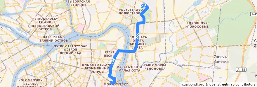 Mapa del recorrido Автобус № 55: улица Маршала Тухачевского => площадь Александра Невского de la línea  en Санкт-Петербург.
