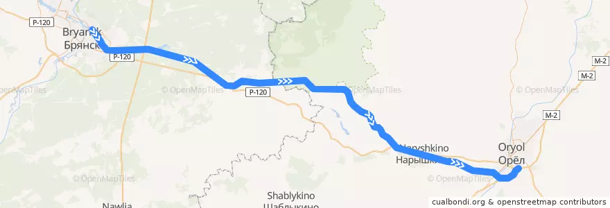 Mapa del recorrido Брянск - Лужки Орловские de la línea  en Distrito Federal Central.