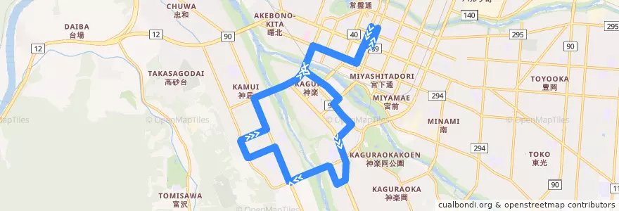 Mapa del recorrido [444]伊の沢循環線（外廻り） de la línea  en 旭川市.