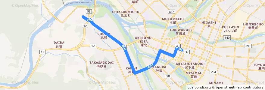 Mapa del recorrido [65]忠和線（深夜バス） (Chuwa Line (Midnight Bus)) de la línea  en 旭川市.