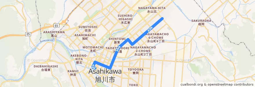 Mapa del recorrido [64]永山6条線（深夜バス） (Nagayama 6-jo Line (Midnight Bus)) de la línea  en 旭川市.