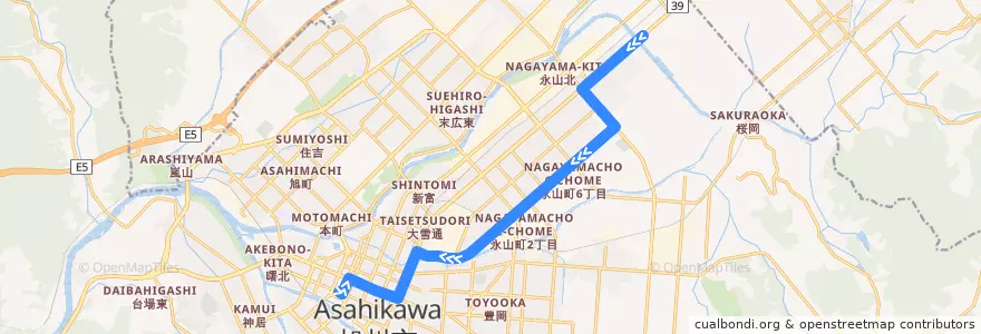 Mapa del recorrido [665]永山10条線 (Nagayama 10-jo Line) de la línea  en 旭川市.