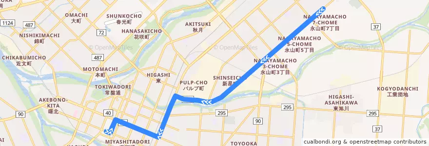 Mapa del recorrido [66]永山10条線 (Nagayama 10-jo Line) de la línea  en 旭川市.