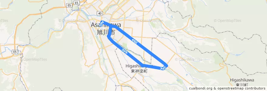 Mapa del recorrido [76]東神楽・東川循環線 de la línea  en 上川総合振興局.
