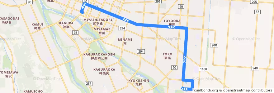 Mapa del recorrido [52]豊岡・東光7丁目線 de la línea  en 旭川市.