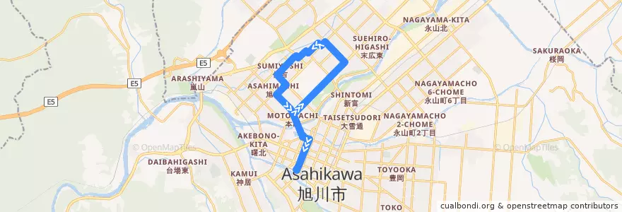 Mapa del recorrido [6]花咲・末広線 (Hanasaki & Suehiro Line) de la línea  en 旭川市.