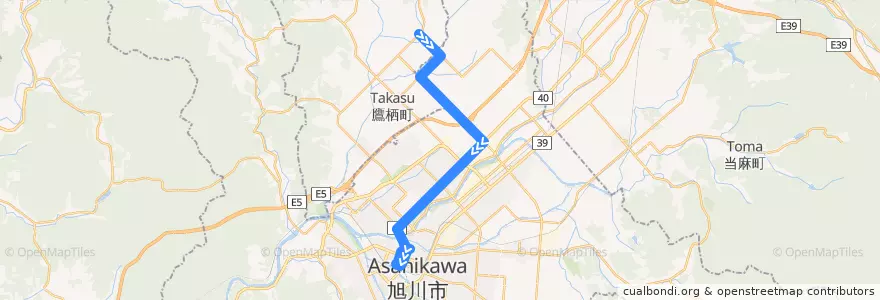 Mapa del recorrido [6]東鷹栖線（1線経由） (Higashi-Takasu Line via 1-sen) de la línea  en 旭川市.