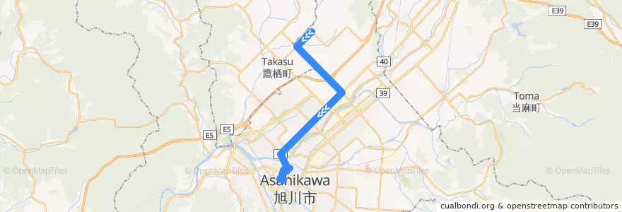 Mapa del recorrido [7]東鷹栖線（1線経由） (Higashi-Takasu Line via 1-sen) de la línea  en 旭川市.