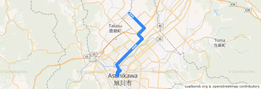 Mapa del recorrido [8]東鷹栖線（16号経由） (Higashi-Takasu Line via 16-go)) de la línea  en 旭川市.