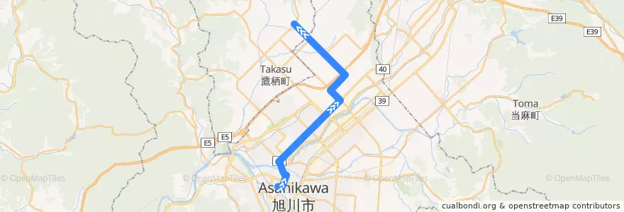 Mapa del recorrido [9]東鷹栖線（16号経由） (Higashi-Takasu Line via 16-go) de la línea  en 旭川市.