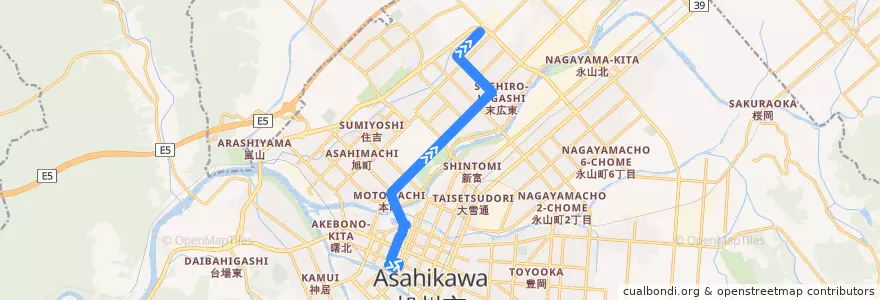 Mapa del recorrido [10]末広7丁目線（深夜バス） (Suehiro 7-chome Line (Midnight Bus)) de la línea  en 旭川市.