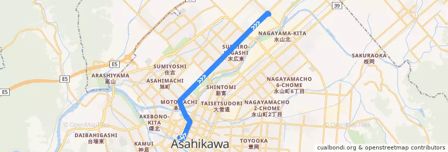 Mapa del recorrido [11]東鷹栖線（1線経由） de la línea  en 旭川市.
