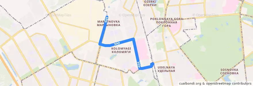Mapa del recorrido Автобус № 44: Репищева улица => ж/д станция Удельная de la línea  en округ Коломяги.