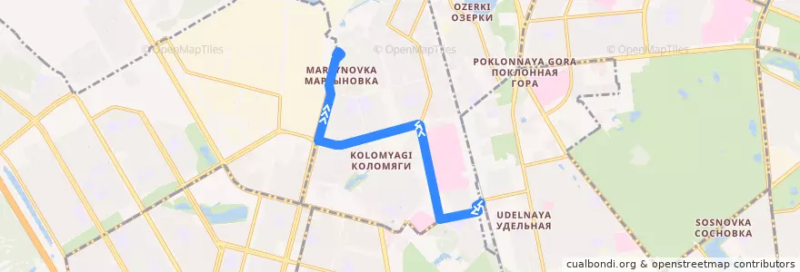 Mapa del recorrido Автобус № 44: ж/д станция Удельная => Репищева улица de la línea  en округ Коломяги.