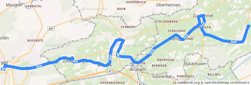 Mapa del recorrido Bus 725: Wil SG, Bahnhof => Niederhelfenschwil, Neudorf de la línea  en Wahlkreis Wil.
