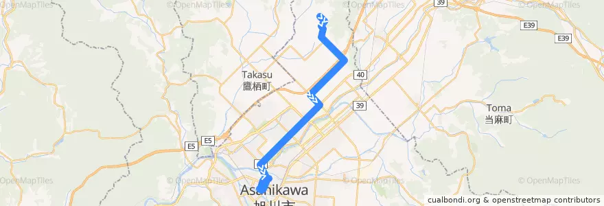 Mapa del recorrido [12]10線22号線（1線経由） (10-sen 22-go Line via 1-sen) de la línea  en 旭川市.