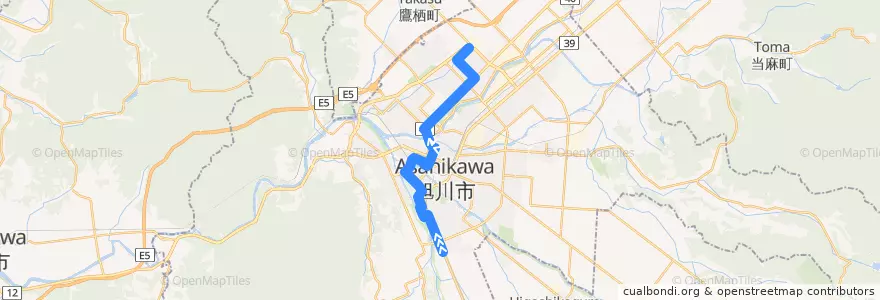 Mapa del recorrido [114]西神楽末広7丁目線 (Nishi-Kagura & Suehiro 7-chome Line) de la línea  en 旭川市.