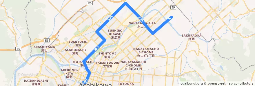 Mapa del recorrido [19]永山橋線 de la línea  en 旭川市.