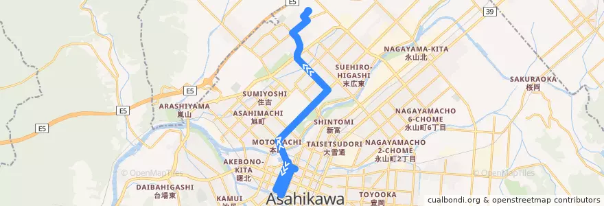 Mapa del recorrido [26]福祉村線 de la línea  en 旭川市.