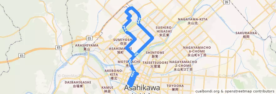 Mapa del recorrido [29]春光台循環線（大町経由） (Shunkodai loop Line via Omachi) de la línea  en 旭川市.