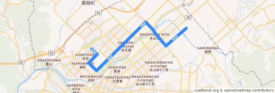 Mapa del recorrido [600]春光6条永山線 de la línea  en 旭川市.