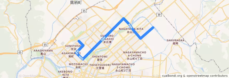 Mapa del recorrido [60]春光6条永山線 de la línea  en 旭川市.