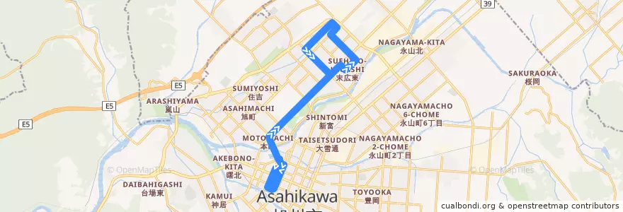 Mapa del recorrido [103]末広10丁目循環線 (Suehiro 10-chome loop Line) de la línea  en 旭川市.