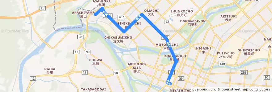 Mapa del recorrido [4]近文線 de la línea  en 旭川市.