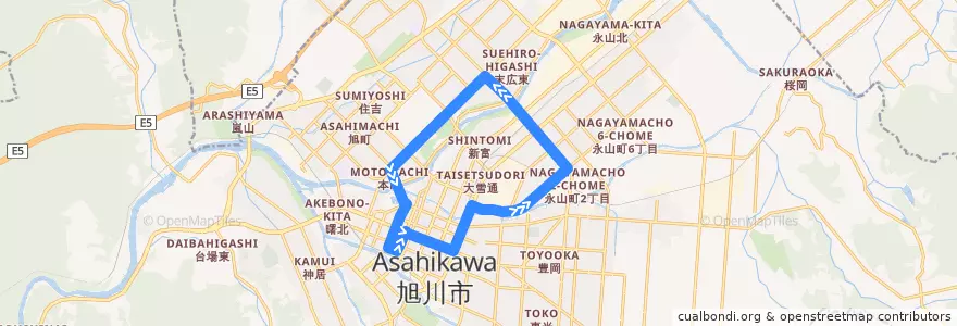 Mapa del recorrido [72]秋月橋循環線（新星町経由） (Akitsukibashi loop Line via Shinseicho) de la línea  en 旭川市.