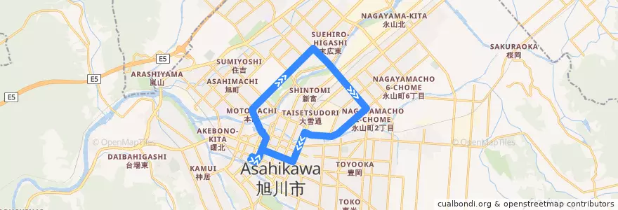 Mapa del recorrido [73]秋月橋循環線（末広経由） (Akitsukibashi loop Line via Suehiro) de la línea  en 旭川市.