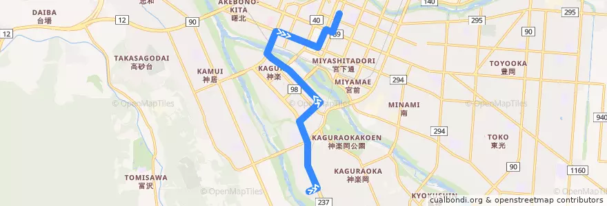 Mapa del recorrido [44]神楽北線 (Kagura-kita Line) de la línea  en 旭川市.
