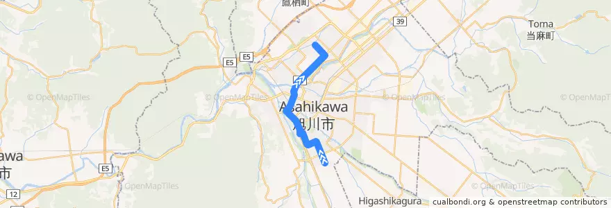 Mapa del recorrido [801]末広・工業高校・南高線（学生対策便） de la línea  en 旭川市.