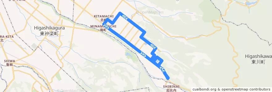 Mapa del recorrido 東忠別線 de la línea  en 東川町.