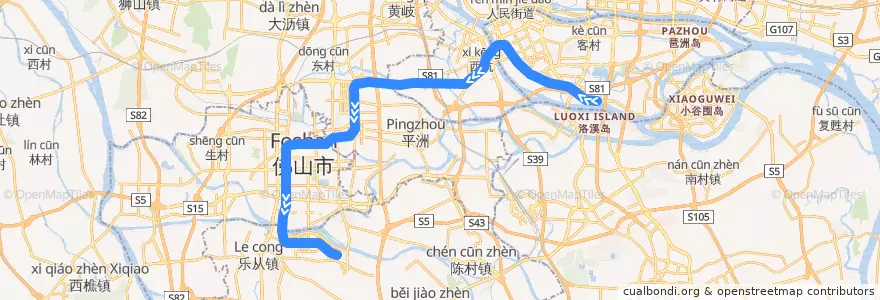 Mapa del recorrido 广佛地铁 de la línea  en Guangdong.