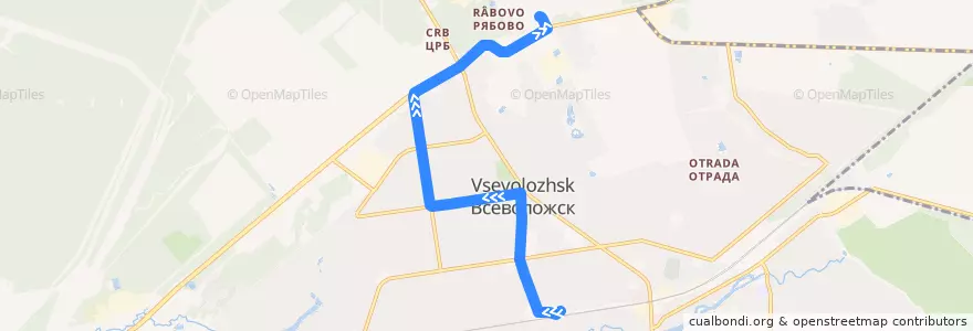 Mapa del recorrido Автобус № 10: ж/д платформа "Всеволожская" => Всеволожский сельскохозяйственный колледж de la línea  en Vsevolozhsk.
