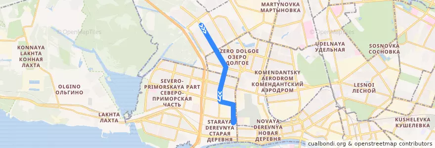 Mapa del recorrido Трамвай № 18: улица Шаврова => станция метро "Старая Деревня" de la línea  en Приморский район.