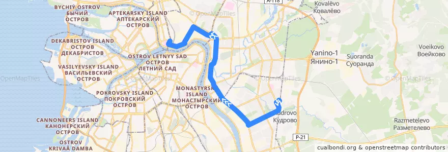 Mapa del recorrido Трамвай № 23: проспект Солидарности → Финляндский вокзал de la línea  en Санкт-Петербург.