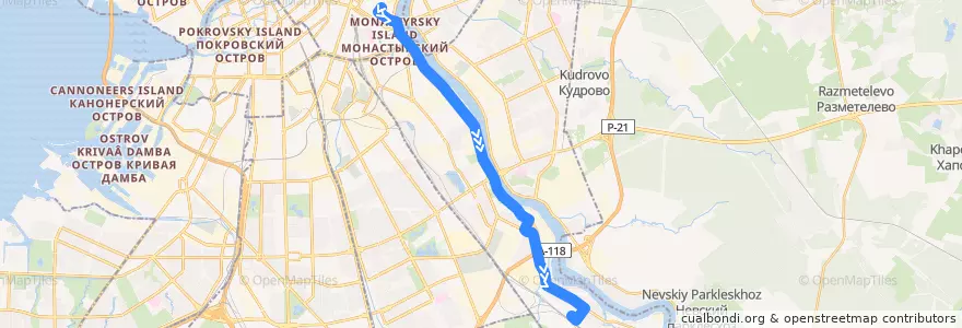 Mapa del recorrido Трамвай № 24: Перекупной переулок => станция метро "Рыбацкое" de la línea  en Невский район.