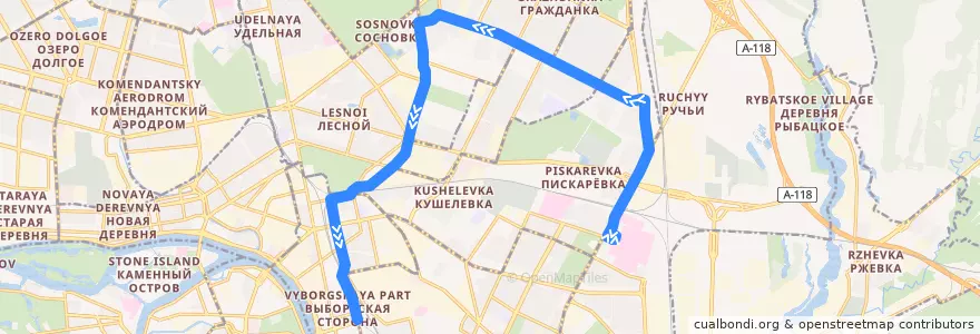 Mapa del recorrido Трамвай № 38: проспект Мечникова => железнодорожная станция "Кушелевка" de la línea  en Калининский район.