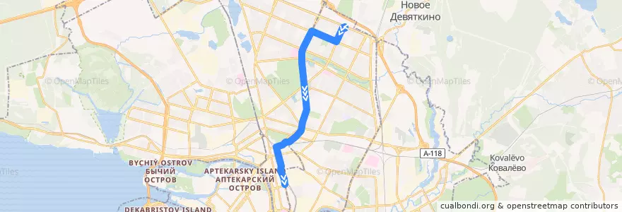 Mapa del recorrido Трамвай № 61: Суздальский проспект => станция метро "Выборгская" de la línea  en Санкт-Петербург.