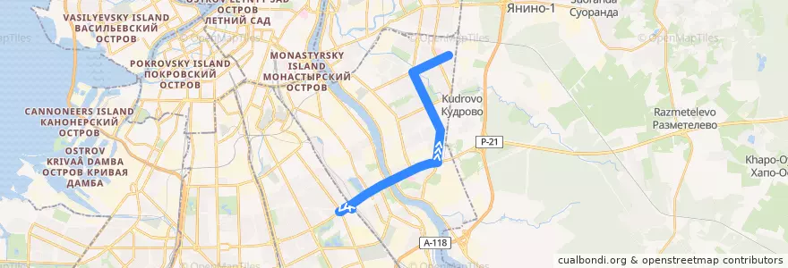 Mapa del recorrido Автобус № 140: ж/д станция «Сортировочная» => улица Коллонтай de la línea  en Nevsky District.